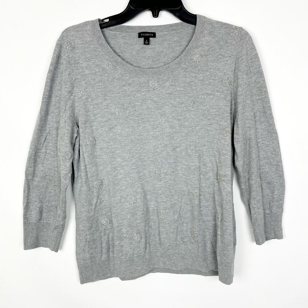 Talbots Womens Sweater Large Gray Round Neck 3/4 Sleeve Rib Embellished